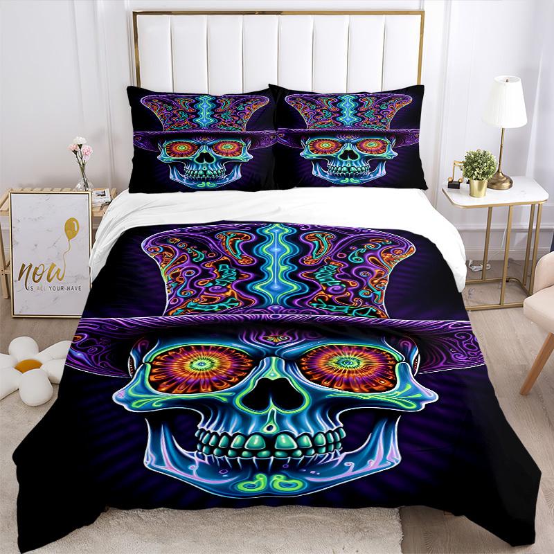 3pcs Psychedelic Skull Duvet Cover Set, Cover For Bedroom Guest Room (1 Duvet Cover + 2 Pillowcase, Without Quilt), yy250922114