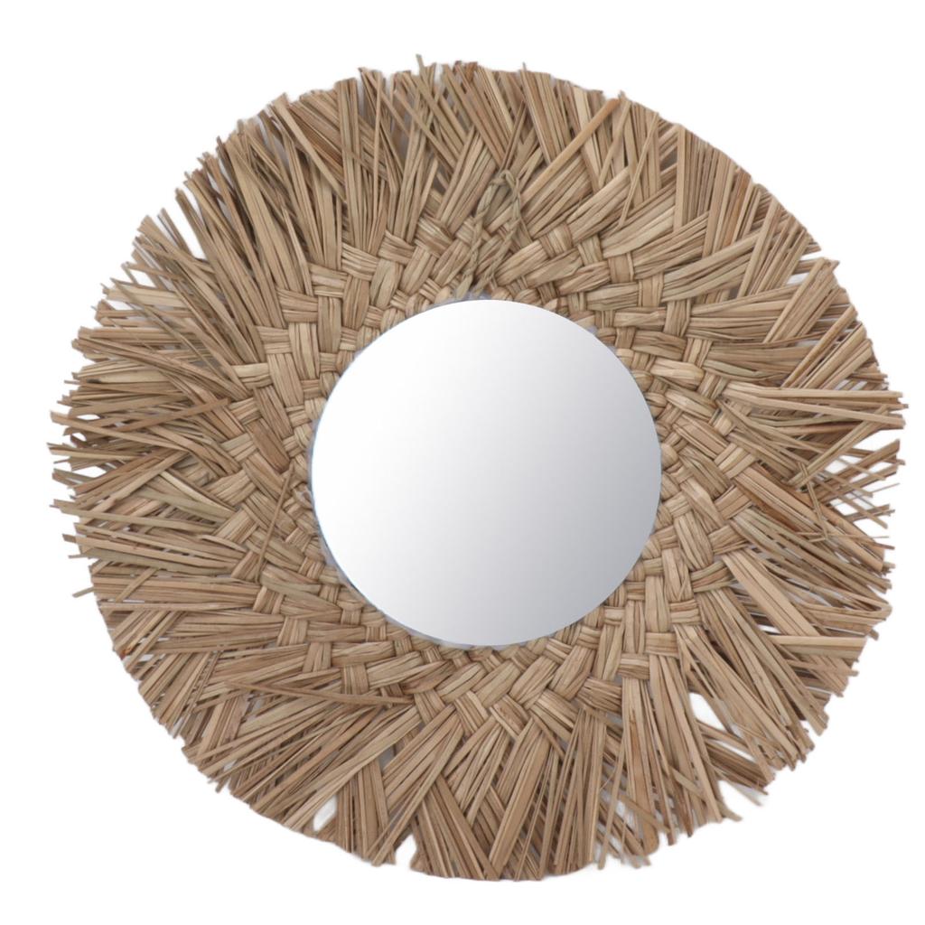 Straw Weaving Wall Mirror Retro Beautiful Woven Wall Hanging Mirror for Dorm Room Decoration Nature