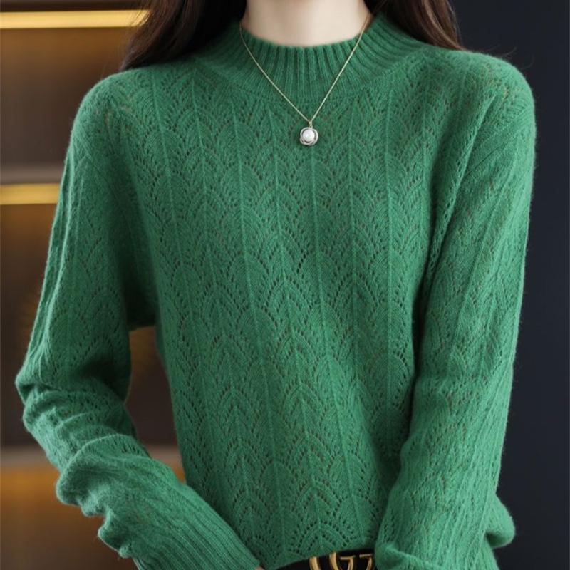 Spring Autumn Mock-neck Pullover Sweater for Women Hollow Out Knitwear Jumpers Female Pull Femme Top