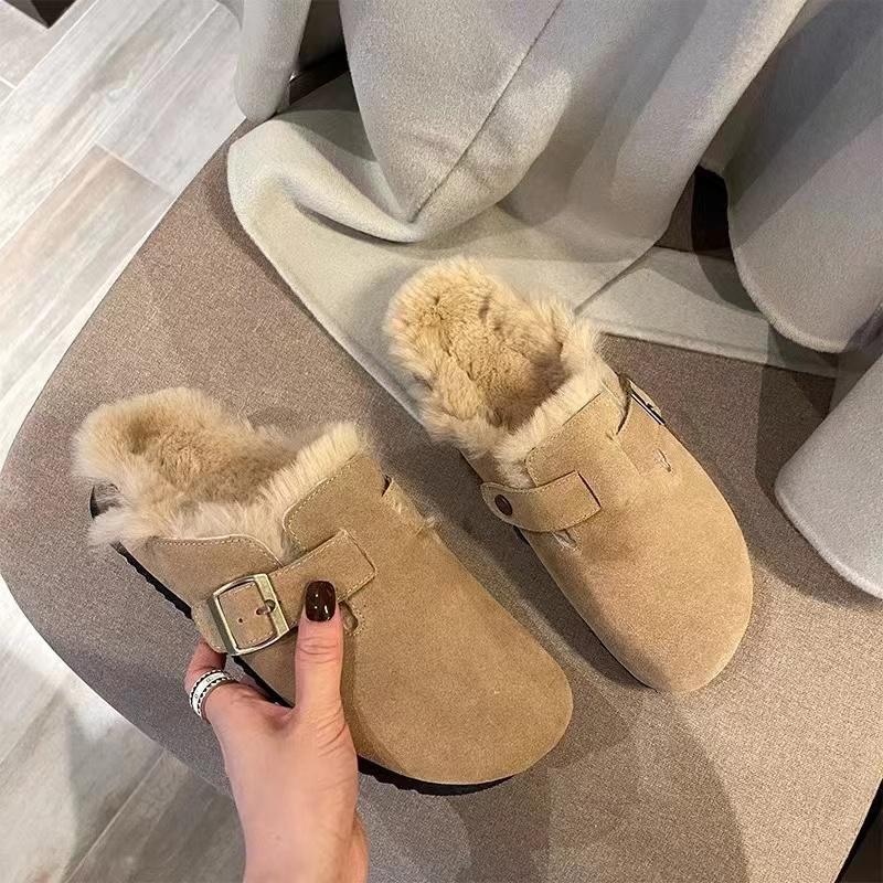 Модные новые женские тапочки Меховые балетки Короткие плюшевые мюли Обувь Женская модная обувь с пряжкой Мягкая подошва Хлопковая обувь Замшевые домашние теплые тапочки Мюли