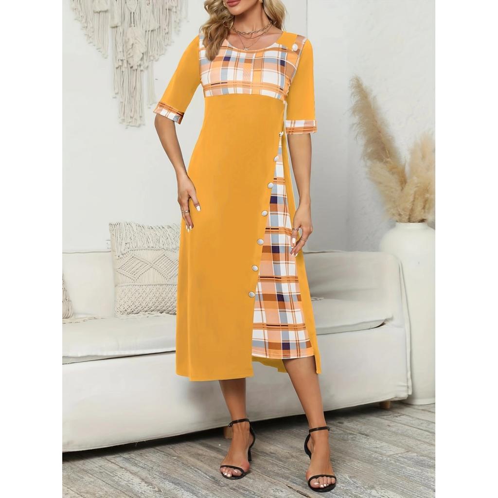 Женское винтажное длинное платье больших размеров со средним рукавом и круглым вырезом с принтом