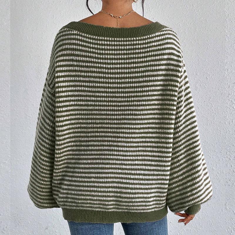 Women's Fall/Winter Loose One-line Shoulder Off-the-shoulder Knit Vintage Lantern Sleeve Striped Sweater