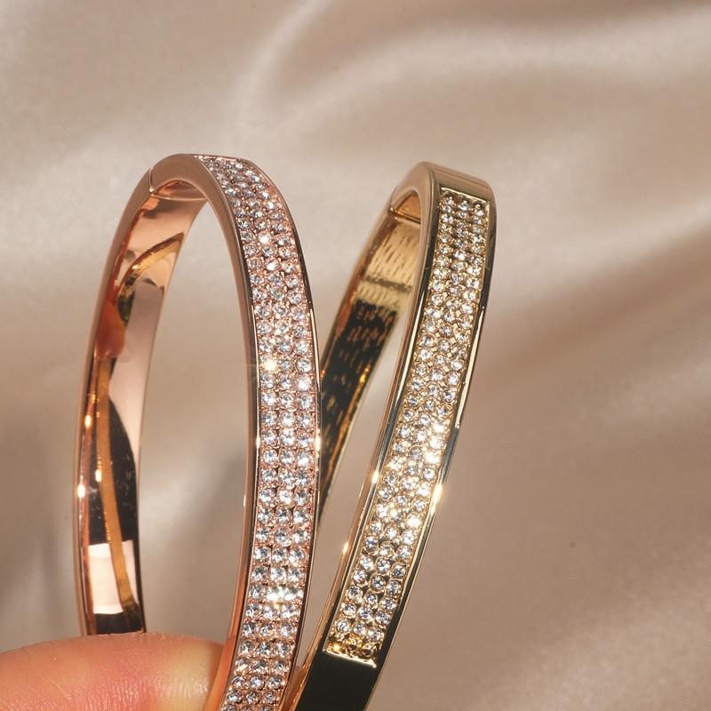 Elegant Classic Crystal Cuff Bangles Bracelets For Women Gold Color Simple Femal Opening Bangles Wedding Jewelry Accessories