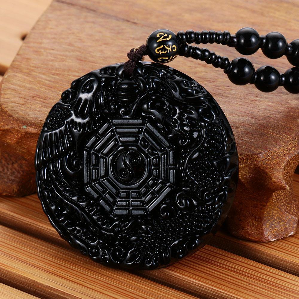 Новое мужское женское черное ожерелье ручной работы из дракона и феникса с резным узором из обсидиана BaGua, кулон на удачу