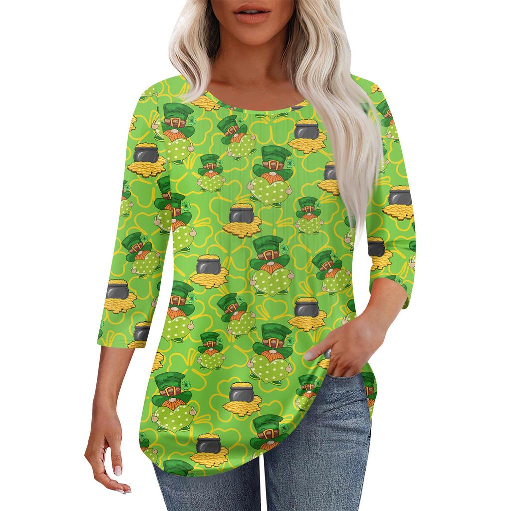 Женская мода повседневная плиссированная круглая ул.. Футболка с принтом ко Дню Святого Патрика, семь рукавов