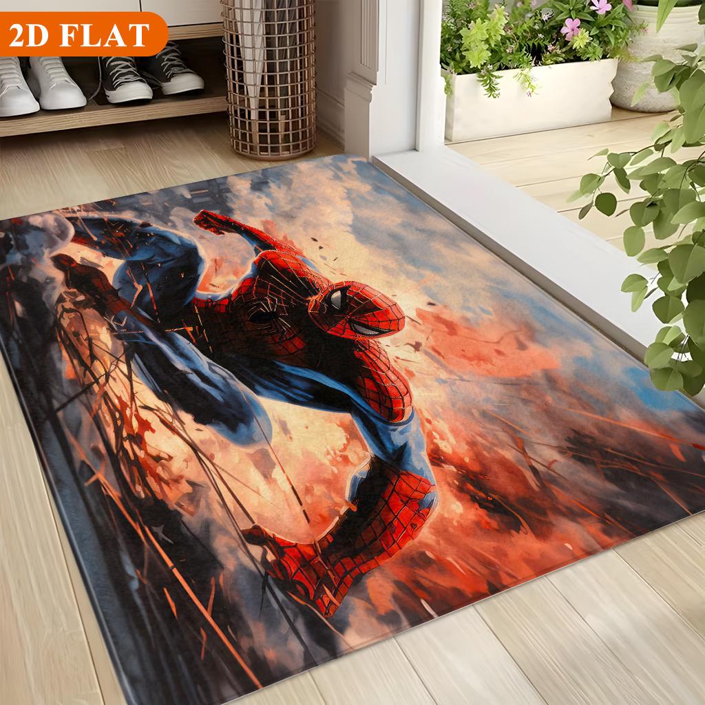 Bath Mat 1pc, Spider for Man Takes Action, MARVEL Flannel Rectangular Mat, Bathroom Non-slip Entrance Mat, Fun Door Decoration