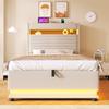 Upholstered Bed, 90x200cm, USB Type-C Charging, LED Lighting, Hydraulic Storage, Flip-top Compartment, No Mattress, Button/App Control, Linen, Beige