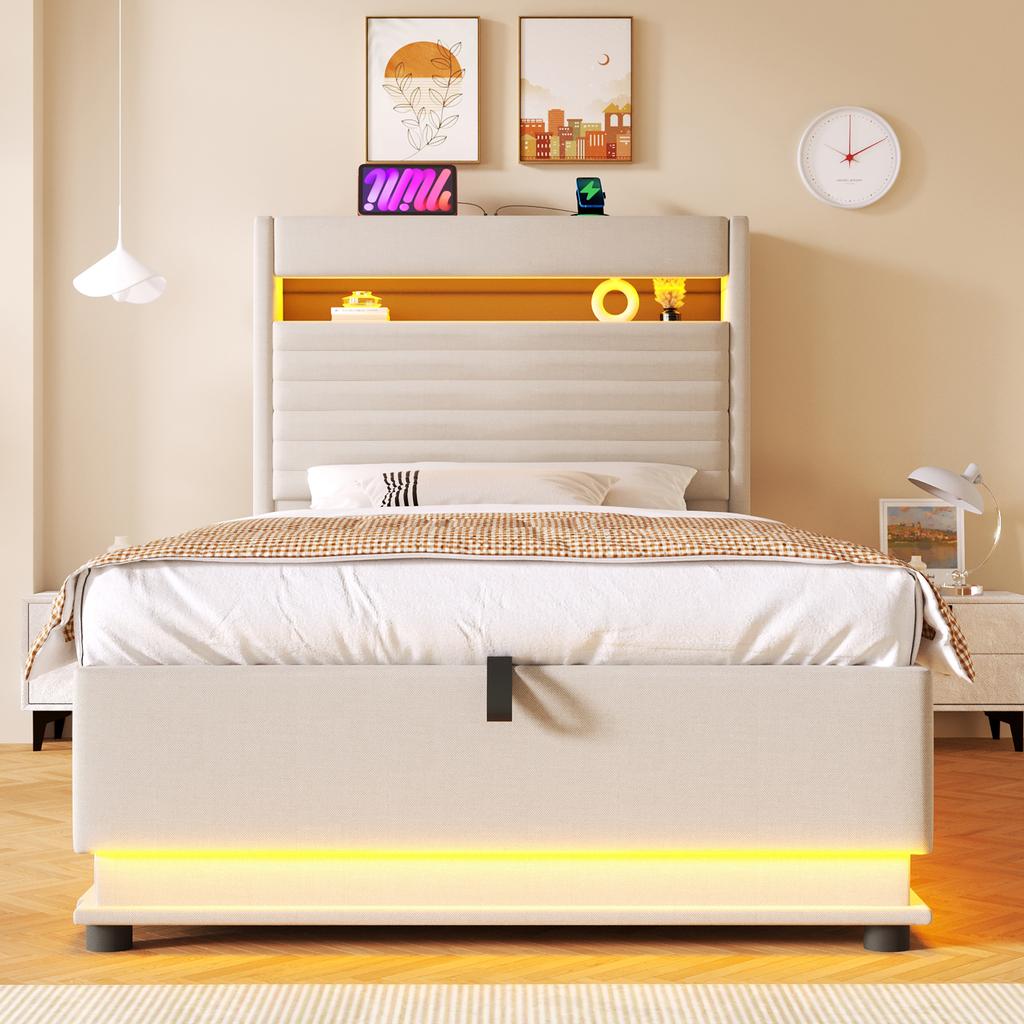 Upholstered Bed, 90x200cm, USB Type-C Charging, LED Lighting, Hydraulic Storage, Flip-top Compartment, No Mattress, Button/App Control, Linen, Beige
