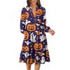 Women's V-Neck Flowing Layered Bohemian Long Sleeve Halloween Print Dress