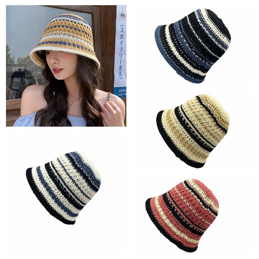 Stripe Knitted Bucket Hat Temperament Sun Protection Cap Fashion Fisherman Hat Women