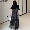 Dimanaf 2023 Plus Size Women Summer Long Dress Black Print Spliced Mesh Elegant Lady Dress Pleated