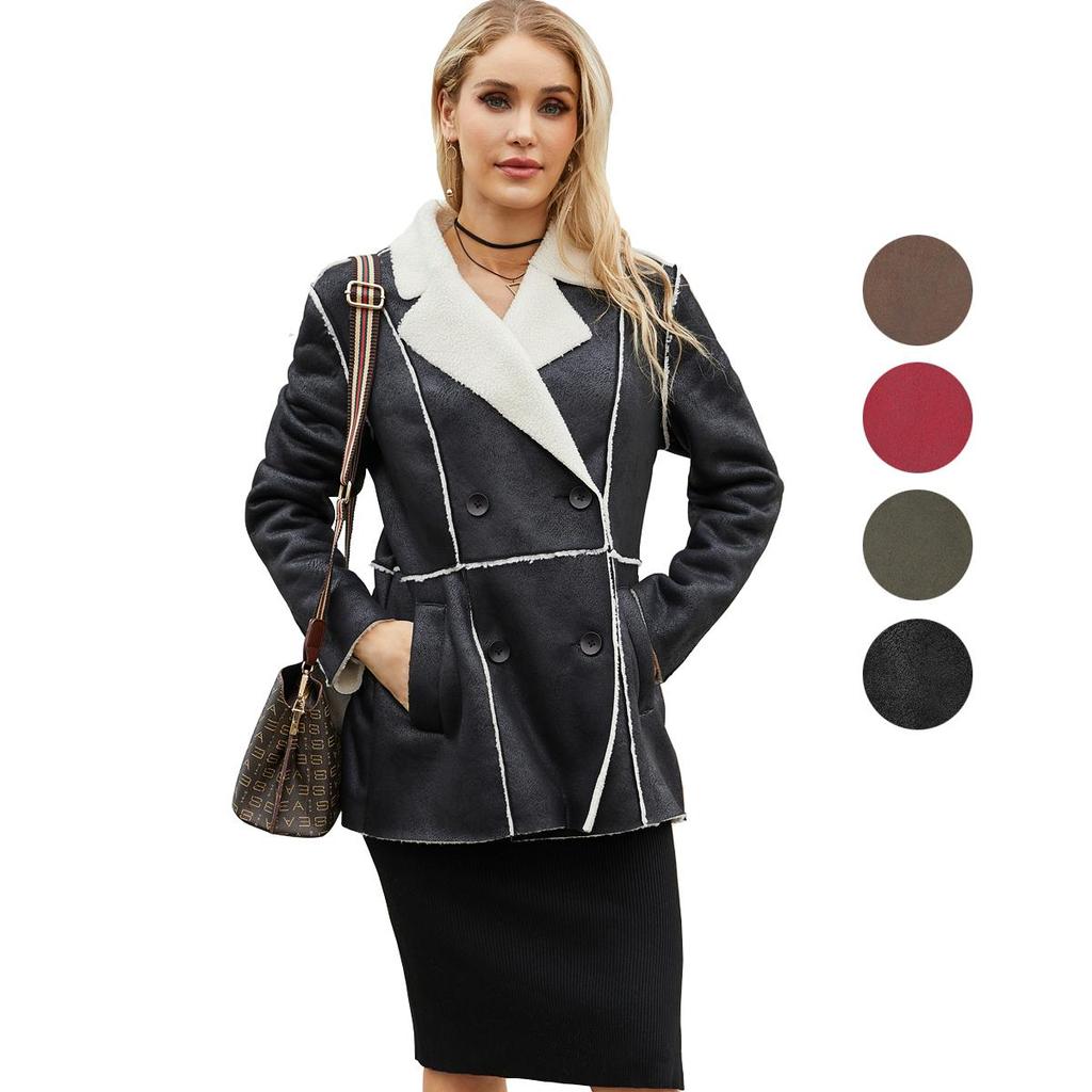 Женские замшевые пальто средней длины Блейзеры из искусственной кожи с плюшевой флисовой подкладкой и лацканами Двубортные куртки из искусственной кожи Для работы в офисе Осень-зима Верхняя одежда