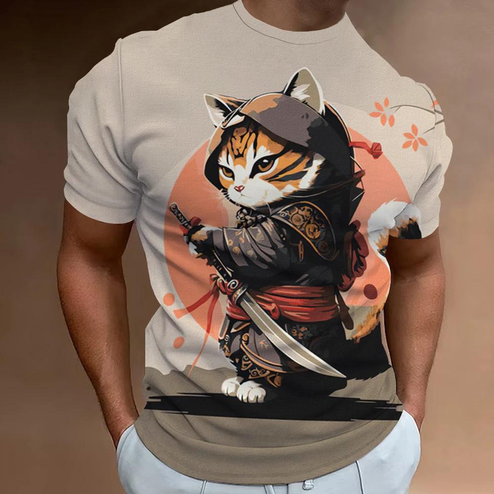 New Retro Men 2024 Fashion Oversized Men's Clothing Quick Drying T-shirt Top T-shirt 3d Samurai Cat Print Short Sleeve T-shirt