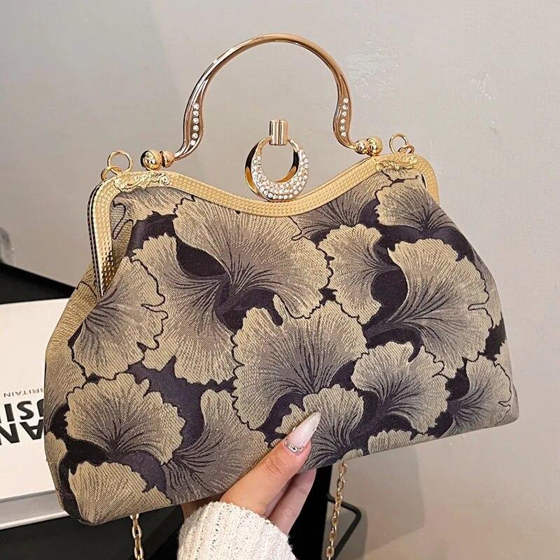 Floral Print Small Tote 2024 Designer Luxury Women Green Handbags Party Clutch Female Dinner Chain Shoulder Bags Messenger Bags