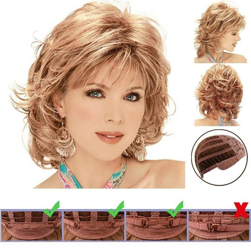 Golden Brown Curly Hair Wig Ladies Fashion Cos Short Hair-Wigs Women BOB Ombre Blonde Full Headwear Cosplay Wavy