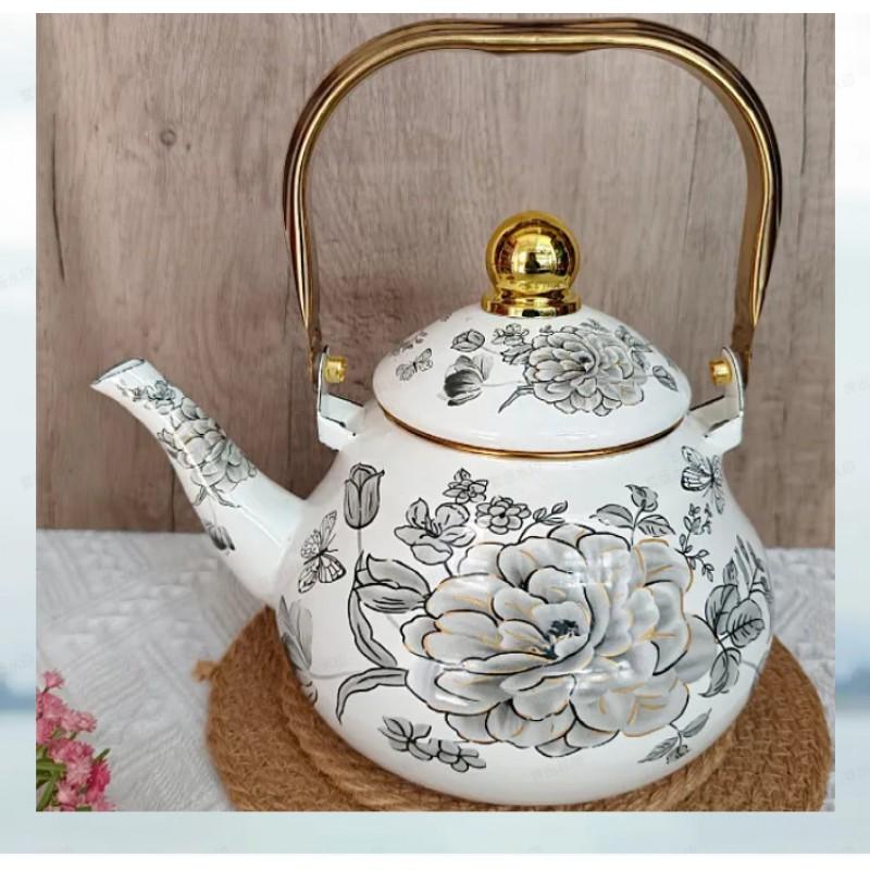 Enamel Coffee Pot Pear-Shaped Water Kettle Gold Handle 1.5L 2L 2.5L White Base With Peony