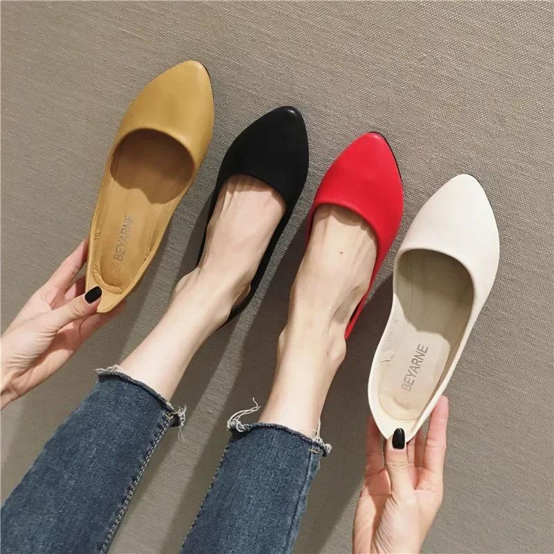 Women's Shoes Leather Soft Sole Candy Shallow Mouth Single Shoes Flat Heel  Shoes Slip On Plus Size Mature Zapatos De Mujer