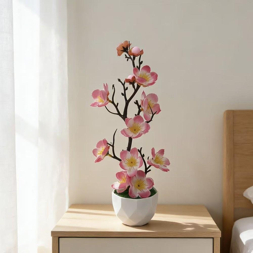 Red Fake Wintersweet Flower Bonsai with White Pot Artificial Faux Plants Living Room Ornaments