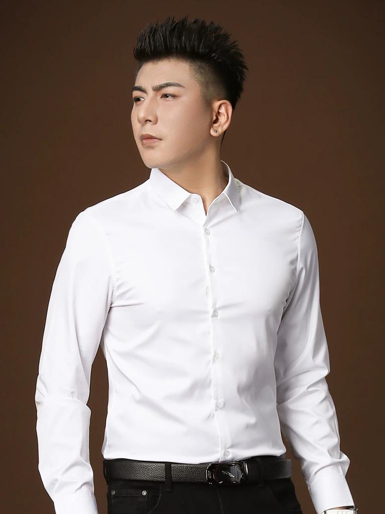 European Style Solid Color Long-Sleeve Shirt, Trendy Men's Fashion Top, Slim-Fit Base Shirt, Casual High-End Shirt