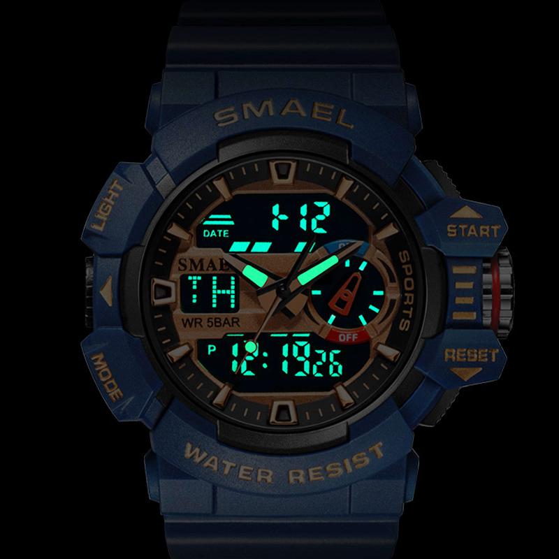 SMAEL Военные часы для мужчин, водонепроницаемые часы 50 м, цифровые наручные часы со светящимися стрелками, черный золотой резиновый браслет, 8043, спортивные часы