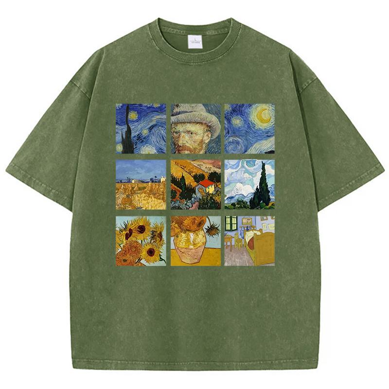 Футболки женские из хлопка стираные Футболки с принтом «Звездная ночь и подсолнухи Ван Гога» Футболки с потертостями и круглым вырезом, свободные топы