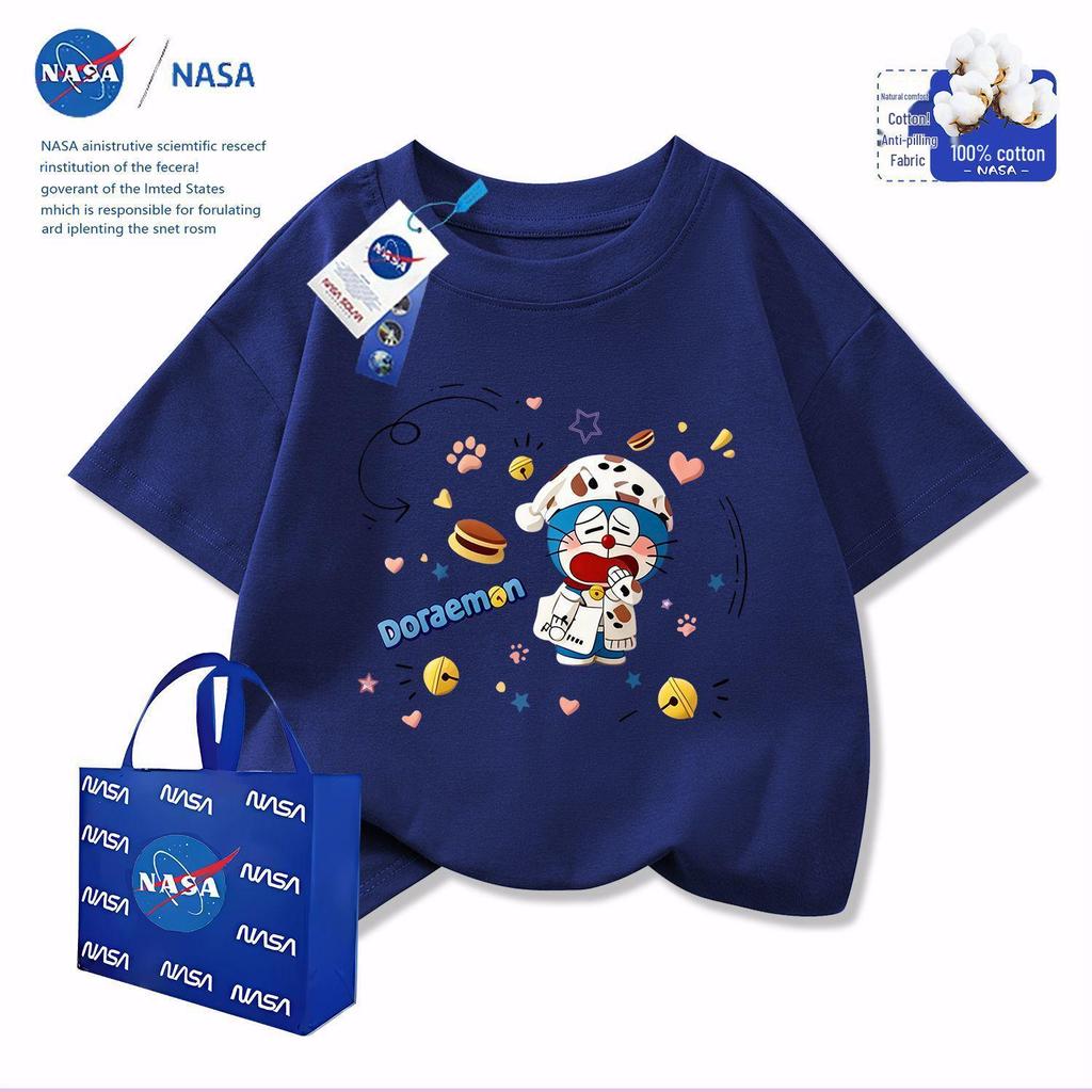 NASA x Doraemon Kids Cotton Round Neck T-Shirt with Embroidery Print, Short Sleeve
