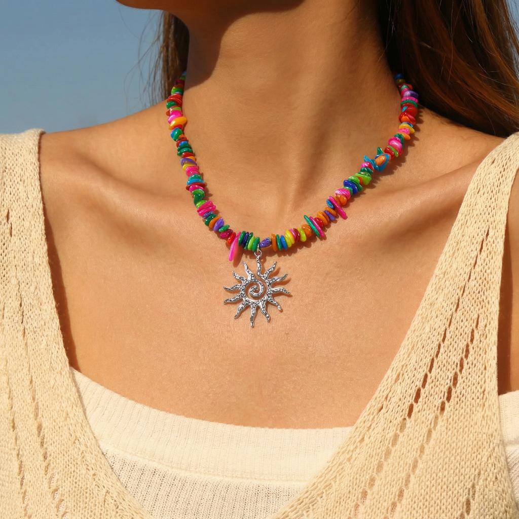 Bohemian Rainbow Beaded Choker Necklace for Women Vintage Silver Color Sun Pendant Necklaces Summer Beach Vacation Jewelry Gift