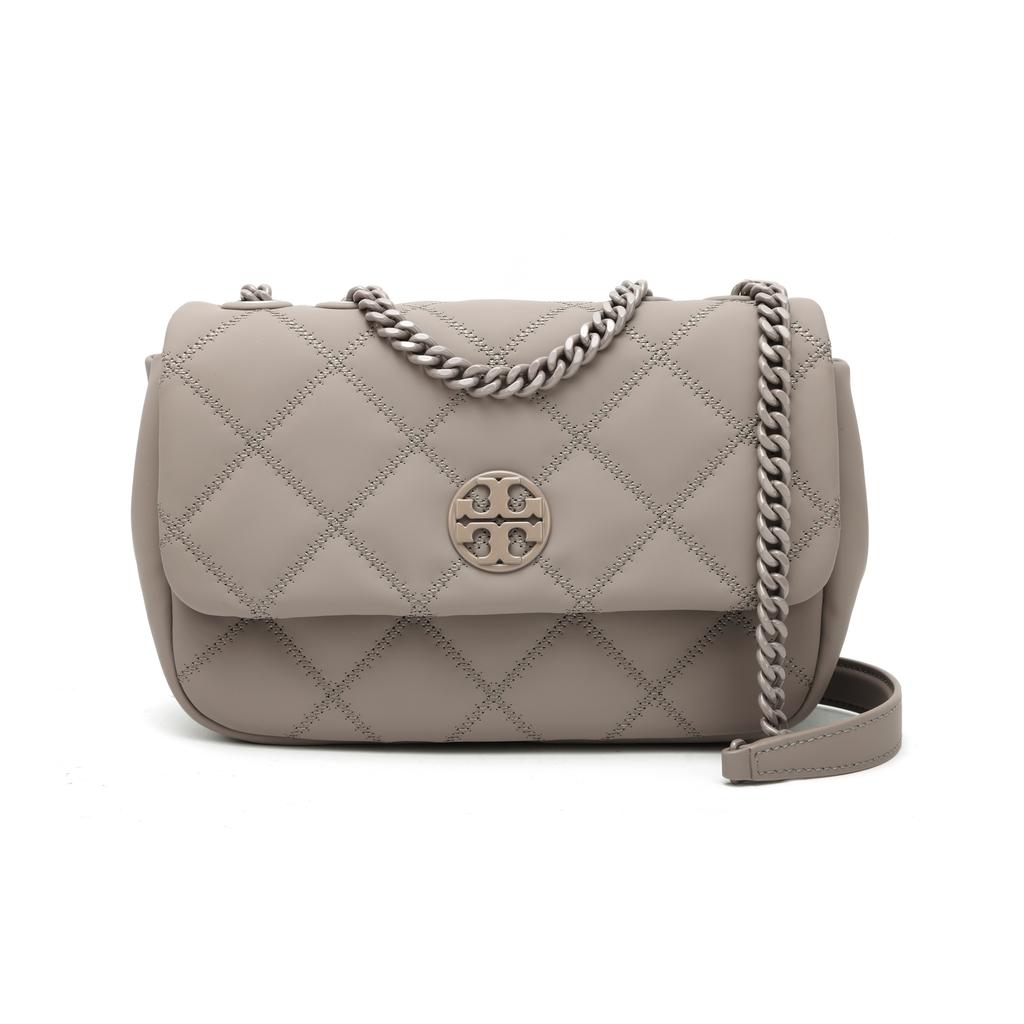 Tory Burch Tb-Willa Classic Double T Logo Solid Striped Quilted Logo Snap Goat Leather Handbag Shoulder Bag Women handbags Elephant-Gray 149682-082