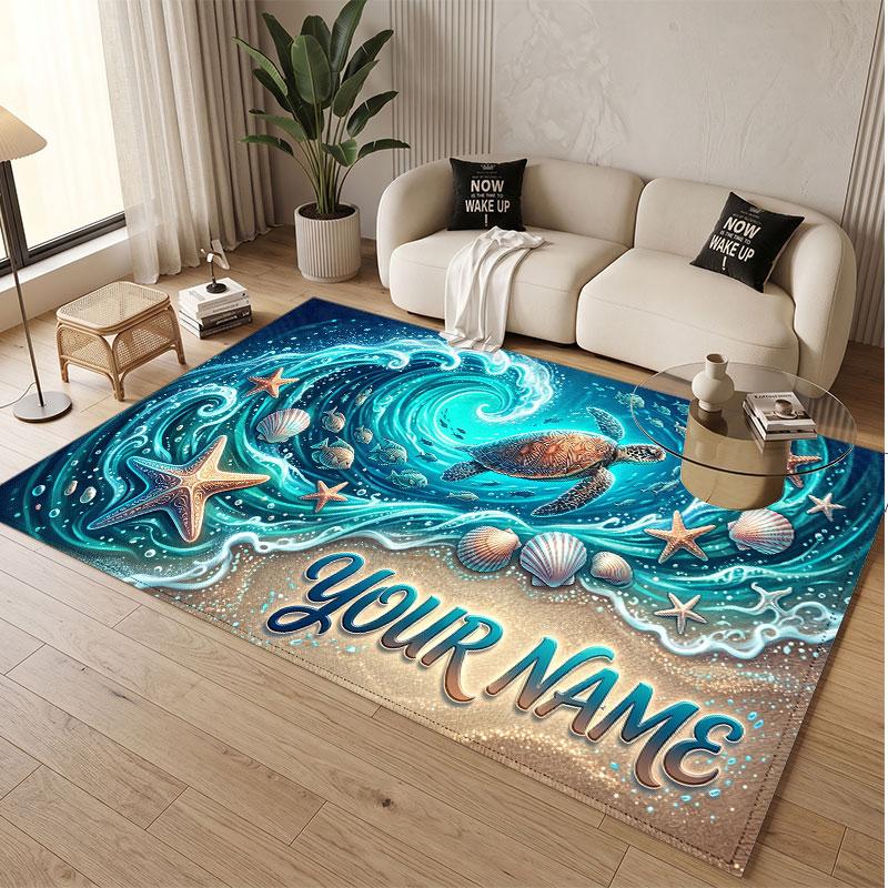 Fish Ocean Theme Soft Crystal Velvet Rug Custom Name & Text Print Non Slip Floor Rug for Bedroom Living Room