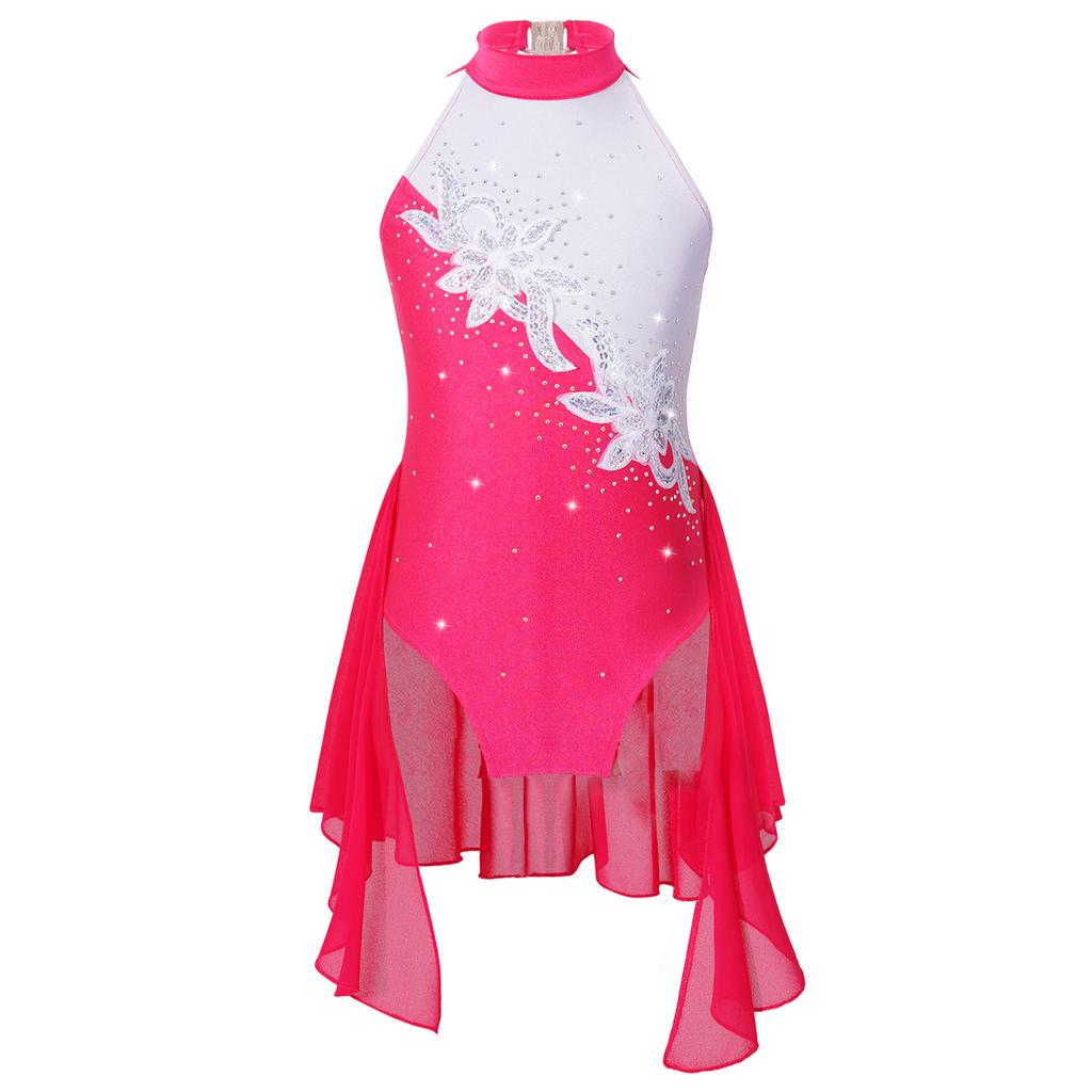 Kids Girls Elegant Chiffon Dress Sleeveless Stand Collar Backless Rhinestone Floral Stage Costume