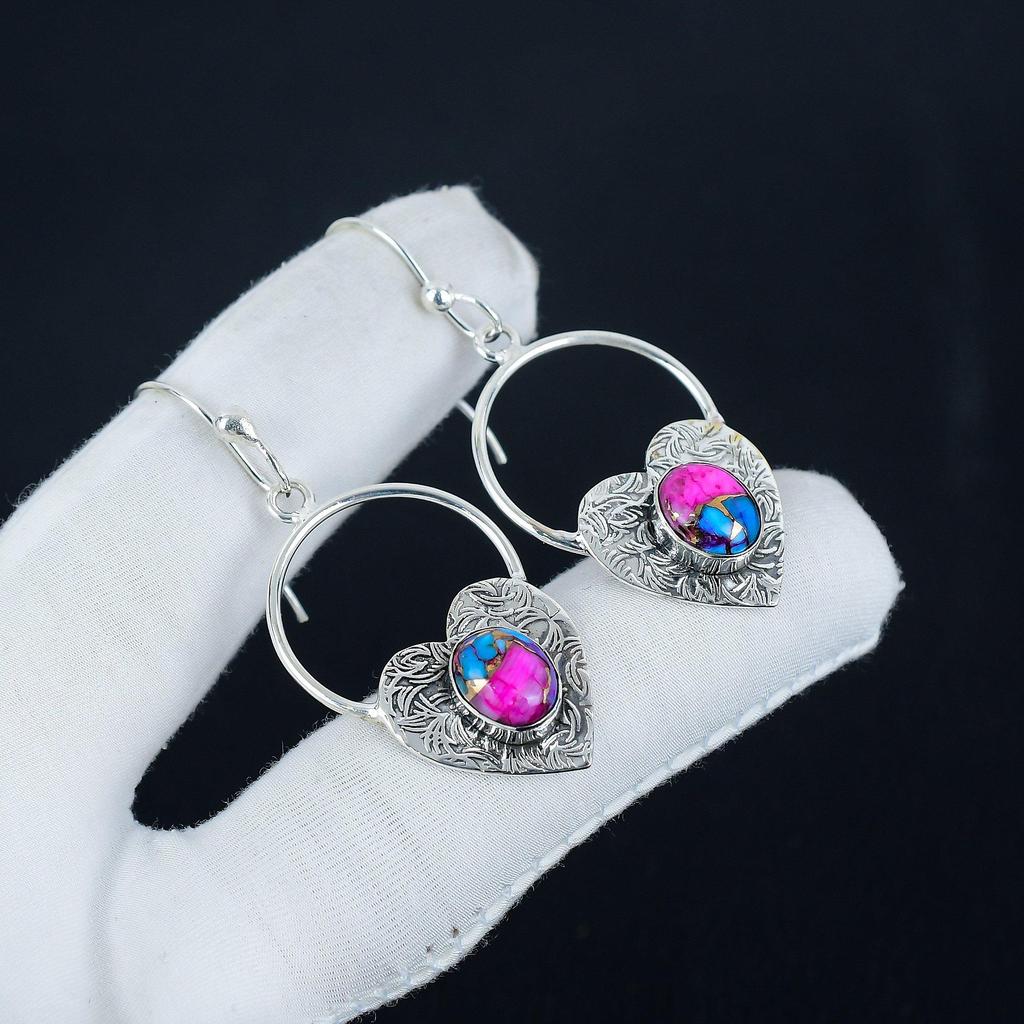 Серьги-сердечки из натурального розового камня Kingman Spiny Oyster, серьги из стерлингового серебра 925 пробы, серьги-подвески из серебра ручной работы в стиле бохо, подарок на Пасху