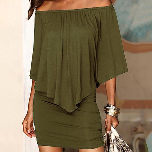 Women Off Shoulder Loose Dress Summer Short Sleeve Tassel Package Hip Short Skirt