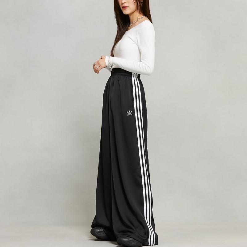 Adidas Originals Striped Elastic Wide Leg Casual Pants Women Bottoms Black IU2520