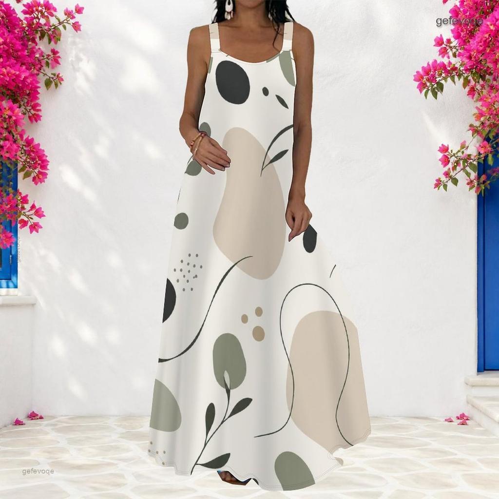 Women Plus Size Scoop Neck Strappy Sleeveless Abstract Print A Line Maxi Dress