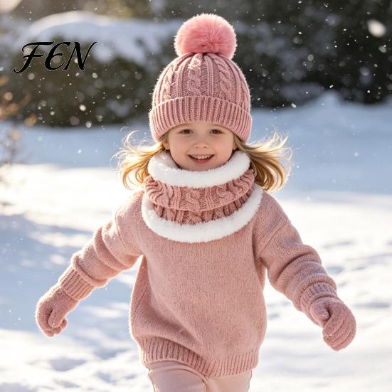 Thickened Warmth Set for Autumn Kids Winter Warm Knit Set, Bear Ear Hat, Fleece Lined Neck Gaiter & Five Finger Gloves Toddlers Full Gloves,
