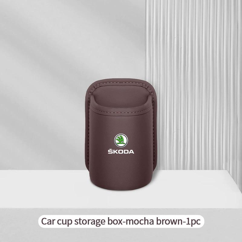 HIAQ2 Leather Car Door Side Water Cup Holder Interior Storage Box For Skoda Superb Octavia Rapid Karoq Enyaq Fabia Kamiq Yeti Scala