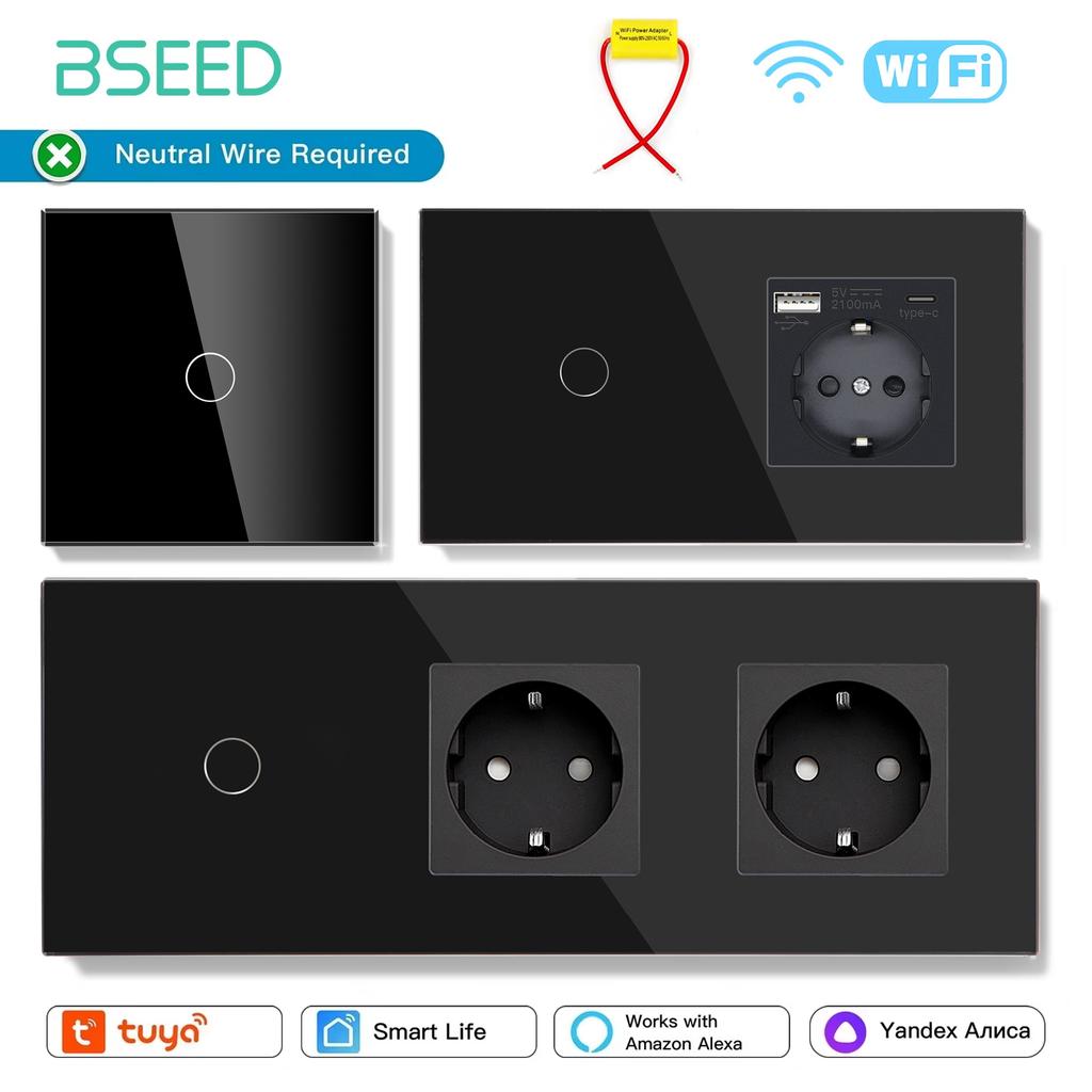 BSEED 1/2/3-клавишные Wifi сенсорные выключатели света Tuya Smart Life Приложение Alexa С розетками EU, портами питания USB, конденсатором в комплекте, черный