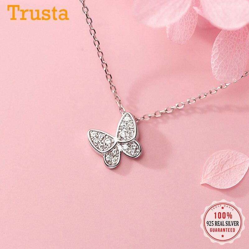 Real 925 Sterling Silver Fashion Sweet Insect Butterfly CZ Pendant Necklace For Women Wedding Fine Jewelry DA2006