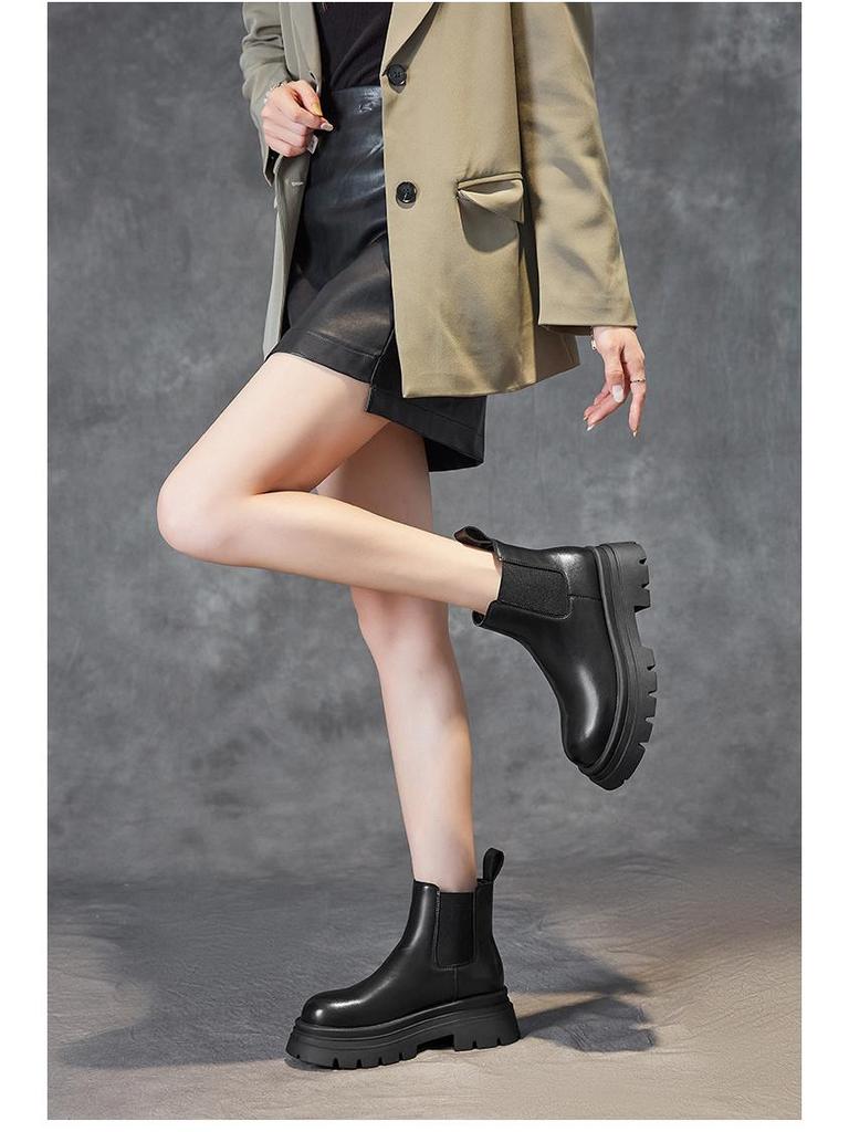 Women's 2024 Spring/Fall Fashionable Thick-Soled Chelsea Boots with Slim Fit and Genuine Leather Thick-Heeled Design