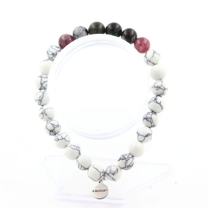 Stones and Minerals. Zambian Emerald + Lepidolite + Snowflake Obsidian Pearl Bracelet Made In France.