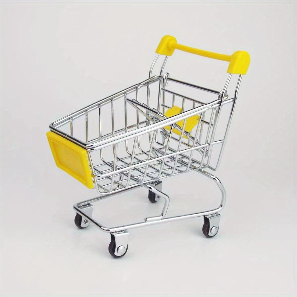 Colorful Mini Shopping Cart Decoration - Plastic Desktop Organizer with 4 Wheels and Side Pockets, Suitable for Files, Books