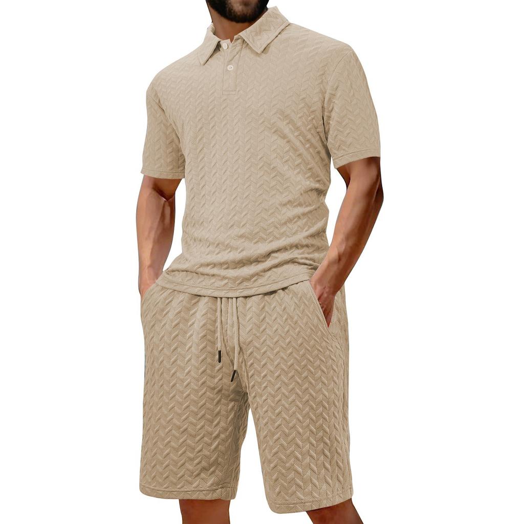 Мужская летняя однотонная рубашка с коротким рукавом и лацканами на пуговицах, комплект из шорт