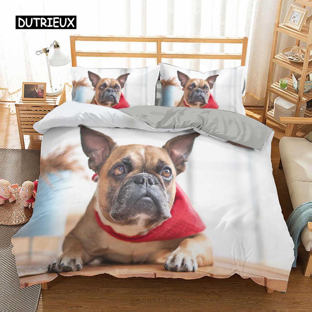 Комплект постельного белья с изображением французского бульдога размера King Size, милый комплект постельного белья с изображением щенка и животных для детей-подростков из полиэстера, 2/3 шт., мягкое одеяло