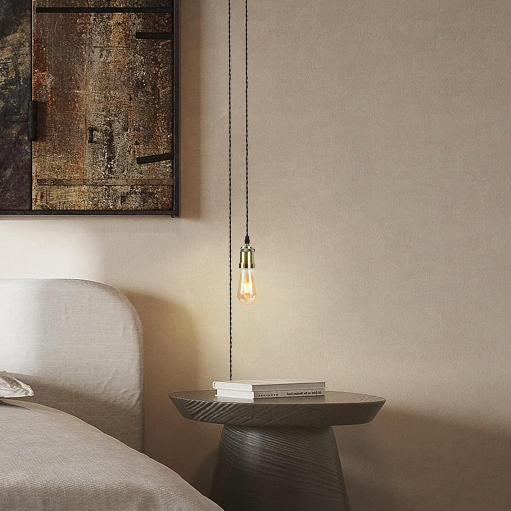 Plug in Pendant Light Cord hanging light kit with dimmer switch,Farmhouse Hanging Lights19.69 ft power cord length,Hemp Rope Plug in black Hanging