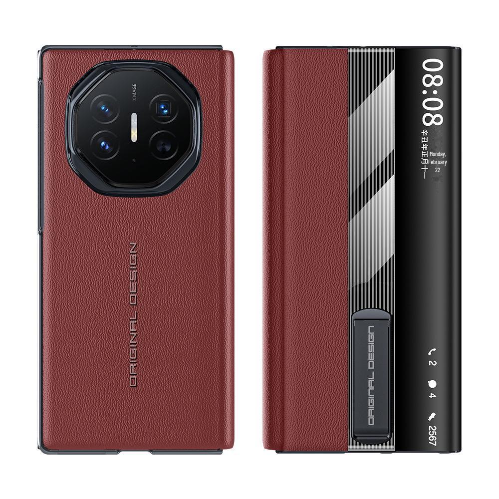 Кожаный чехол Huawei MateXT: Тройной чехол из натуральной коровьей кожи наппа с перфорацией, умным окном и кронштейном.