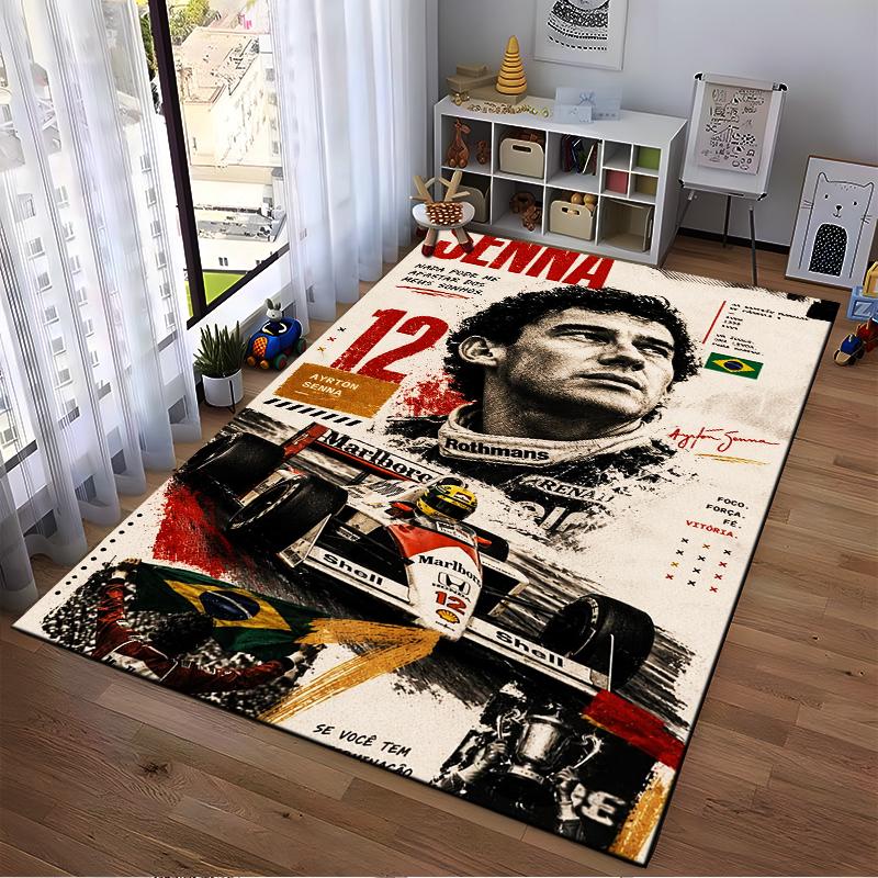 Ayrton Senna Portrait and Racing Theme Rug Non-slip rug suitable for living room and bedroom sofas.