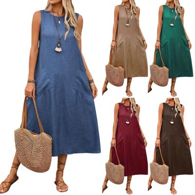 Женское модное однотонное повседневное платье с круглым вырезом и завязками на шнурке без рукавов и карманом