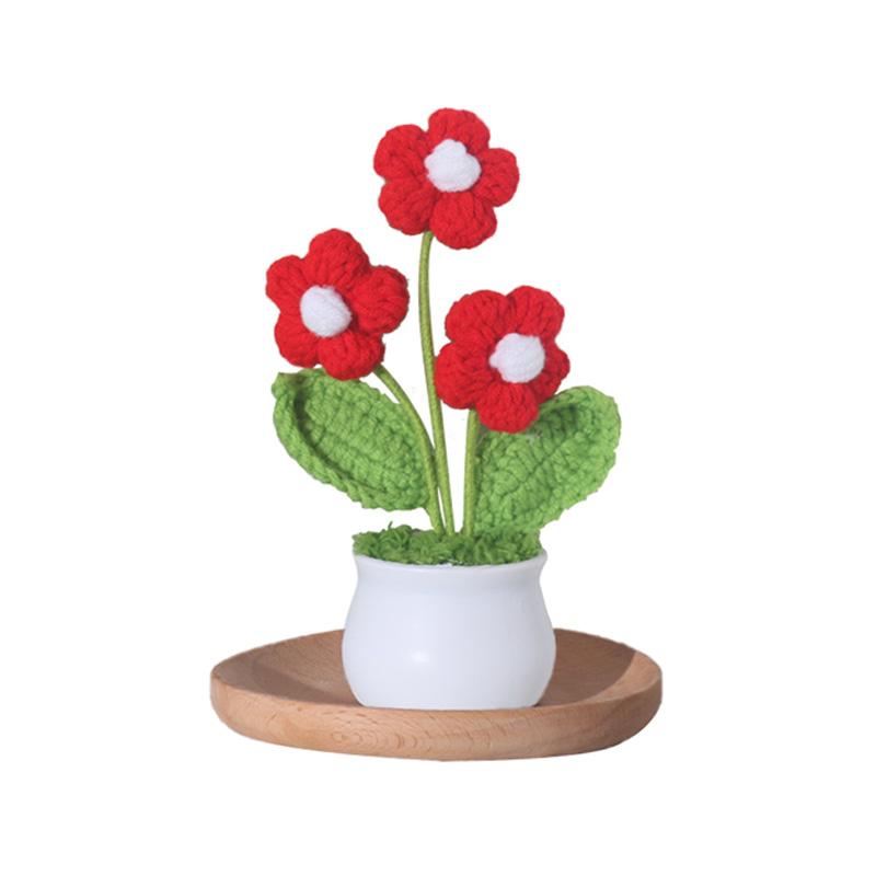 Вязаное вручную шерстяное маленькое растение в горшке с тремя цветами, украшение для рабочего стола, подарок
