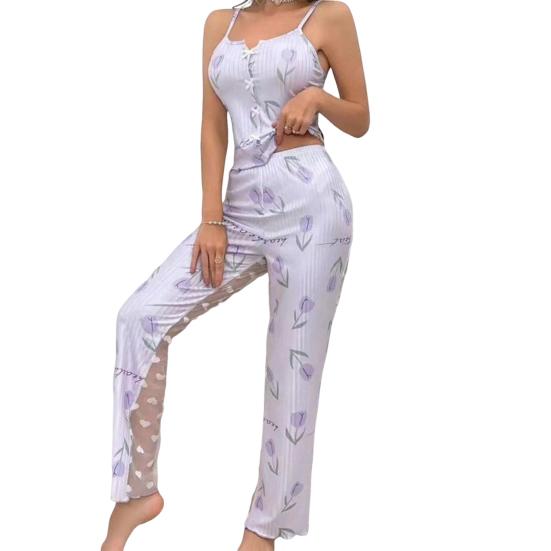 2 шт./комплект женский жилет брюки костюм бант сердечко принт без рукавов сборка кант топ сетчатые лоскутные брюки домашняя одежда одежда для сна наряд летняя одежда для отдыха