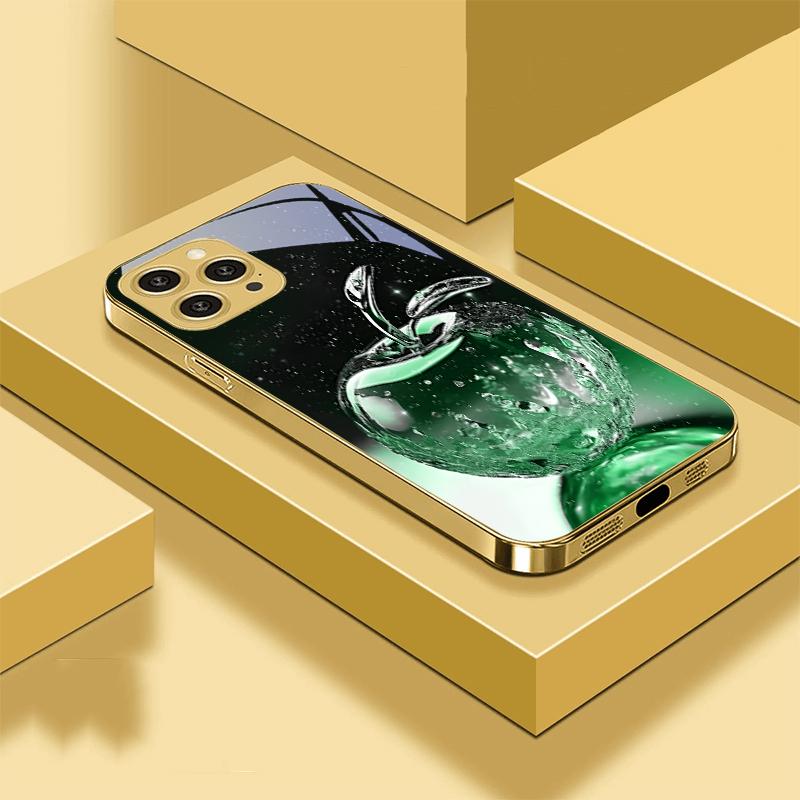 Прозрачный хрустальный чехол-яблоко для iPhone 16 Pro Max 15 P Ro 14 13 Plus 12 Mini 11Pro Max XS Max XR Золотой чехол для телефона из закаленного стекла